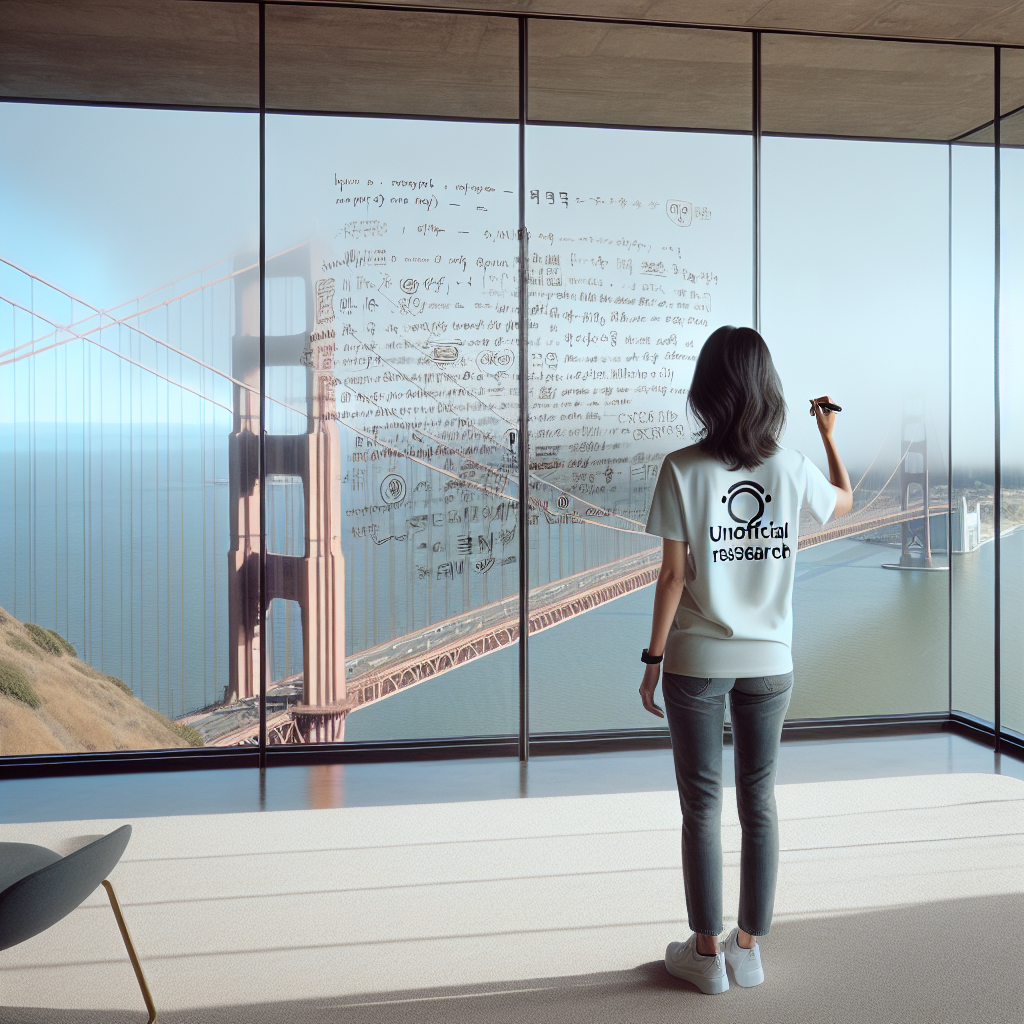 A wide image taken with a phone of a glass whiteboard, in a room overlooking the Bay Bridge. The field of view shows a woman writing, sporting a tshirt wiith a large OpenAI logo. The handwriting looks natural and a bit messy, and we see the photographer's reflection.